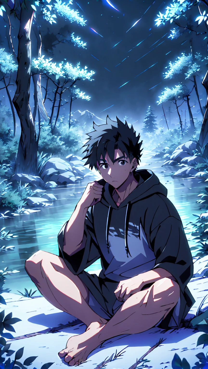 ((Highest quality)), ((masterpiece)), (detailed), Highest quality、High resolution、８K、A plain black hoodie、One adult male、33 years old、Sharp black eyes、Slightly permed black hair、Japanese anime-like style、超High resolutionかわいい萌えアニメ8k、handsome face manly、Slender and muscular、barefoot、sitting on a stone、Spread your legs、night、Forest landscape、lake、darkness、Surrounded by lots of fireflieoonlight