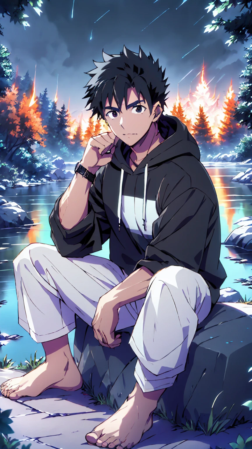 ((Highest quality)), ((masterpiece)), (detailed), Highest quality、High resolution、８K、A plain black hoodie、One adult male、33 years old、Sharp black eyes、Slightly permed black hair、Japanese anime-like style、超High resolutionかわいい萌えアニメ8k、handsome face manly、Slender and muscular、barefoot、sitting on a stone、Spread your legs、night、Forest landscape、lake、darkness、Surrounded by lots of fireflieoonlight