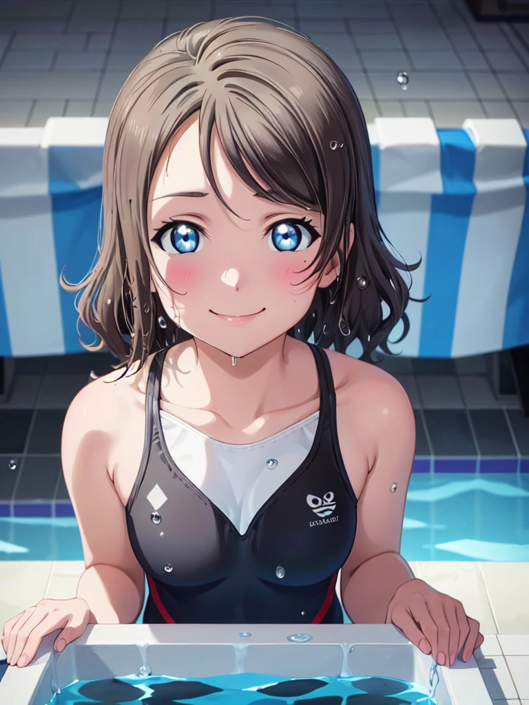 (Highest quality)),(Ultra-high resolution),(Very detailed),(Detailed Description),((The best CG)),(A masterpiece),Ultra-detailed art,Amazing painting art,(Art with precise details:1.5), Portraiture:1.6,Beautiful and well-proportioned face:1.5, (smile), Watanabe Yo, black competitive swimsuit, pool, in the pool, (wet:1.1), (water drops:1.1), (close up:1.3), (upper body:1.2), leaning forward, looking up, from above