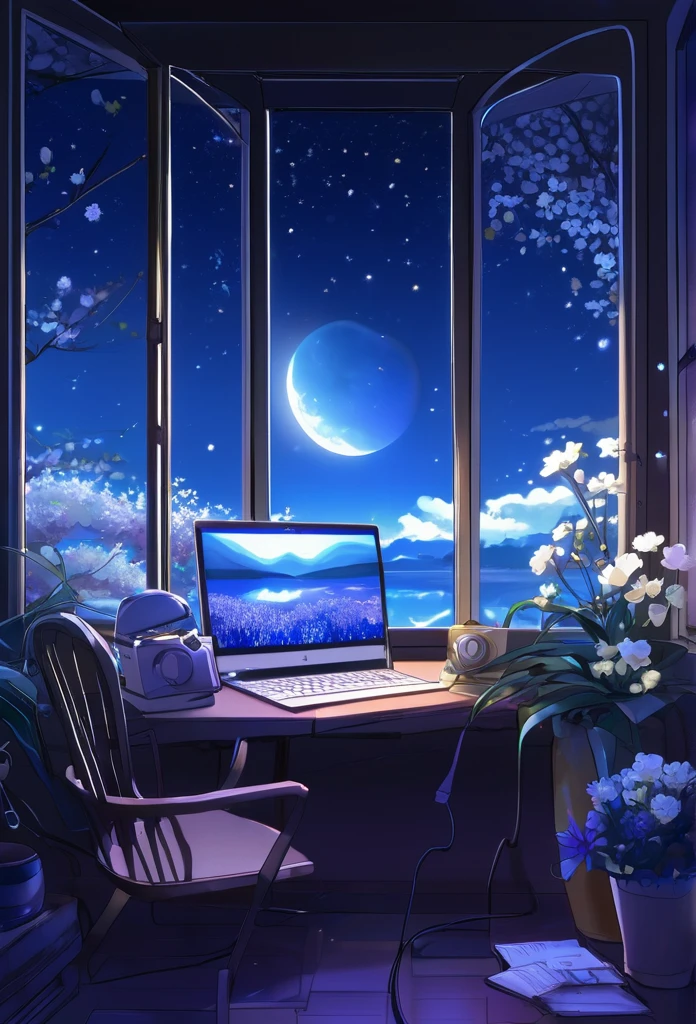 A tranquil scene unfolds in a magical laboratory setting.: a laptop with a bright screen rests on a desk next to a large window, showing a serene moonlit landscape. Blue neons softly illuminate white flowers next to a tablet and PC monitor. A vocal microphone and headphones hint at the creativity buzzing in the air. This anime inspired digital painting., winning a pixiv contest, exudes a welcoming, Lovely atmosphere, captivating viewers with its blend of mystical realism and fairytale charm..