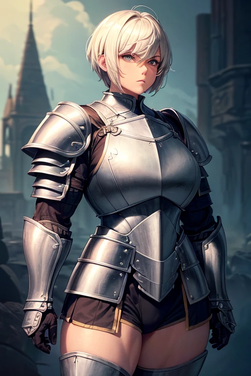 one female character, (musclegirl), ((short-hair)), cabelos pretos longos, (medium breasts), (big-ass), (((olhos azuis))). very muscular, ((plate armor)), a gentleman, ((wearing armor that covers the entire body)), (((a draconian armor))) ((melhor qualidade)) ((Full HD))