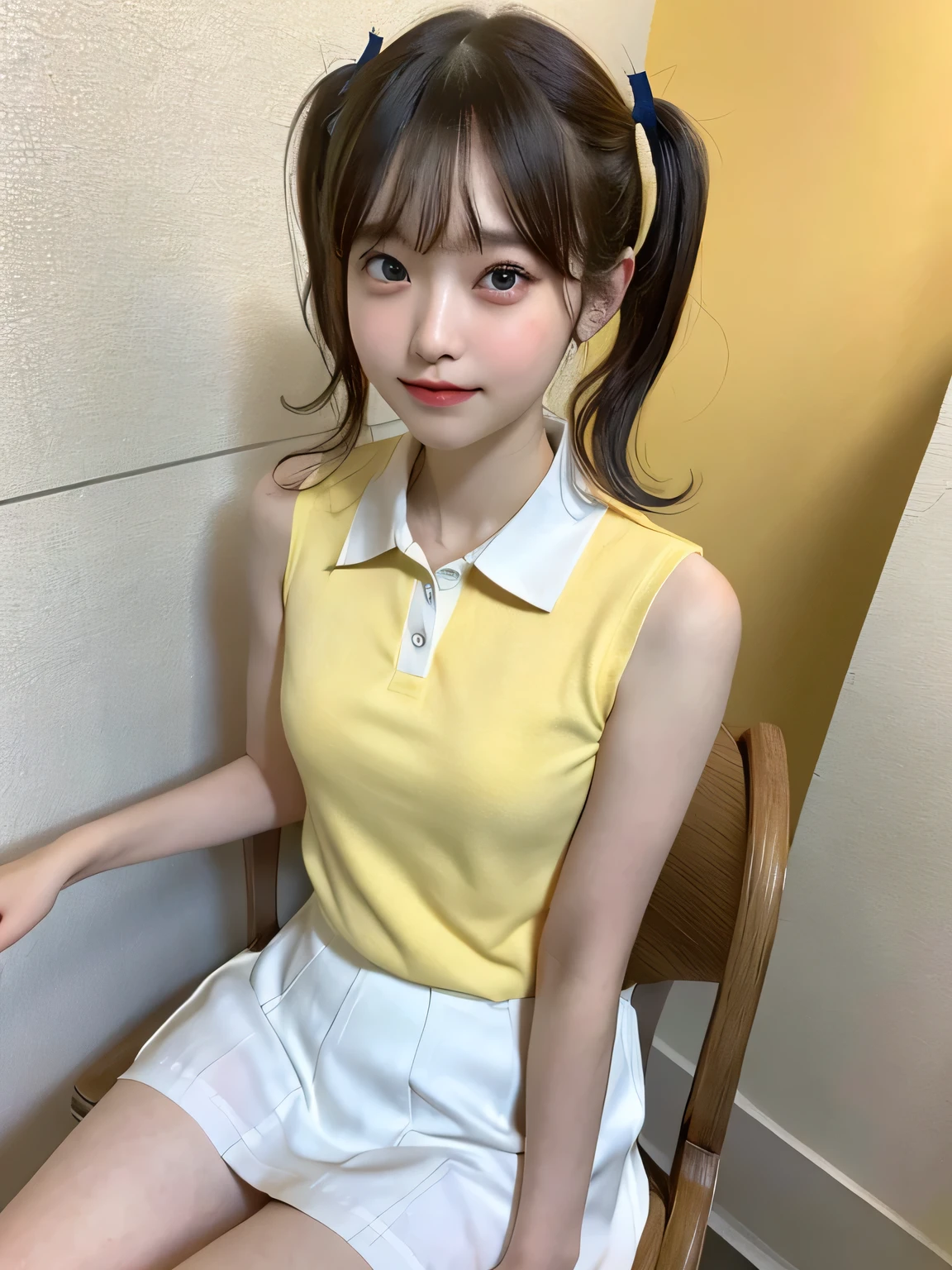 One person、11 years old、Full body photo,slender、woman、White drool coming out of the mouth、smile、、Short Twin Tails、 Fair skin, messy hair, super cute、Soft and Face、8K resolution、Surreal、Ultra high definition、 A-cup small breasts((Highest resolution、8K、masterpiece:1.3))、Ultra-fine face、Ultra Fine Lips、Beautiful Eyes、double eyelid,Yellow wall、A sleeveless, collared blue polo shirt、White Skirt、Thighs、thin,Thighsが見える、Shapely small breasts、sexy、So cute!,Sitting in a chair、Thighsが見える、