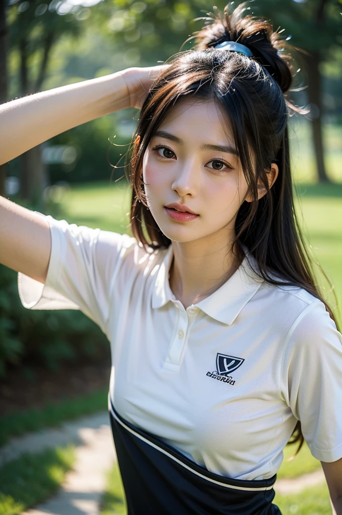 ８K、High definition、Ultra Detail、Photorealistic、Realistic and accurate depiction、Realistic and accurate human anatomy、High resolution、Highest quality、Beautiful Japanese woman in golf wear, Detailed body, Live Action、beautiful girl golfer、cute、clear、The ultimate beautiful girl、Perfect Body Shape、Beautiful breasts、、Perfect Skin、Charm、Active、Black Hair、Japanese female professional golfers、cuteゴルフウェア