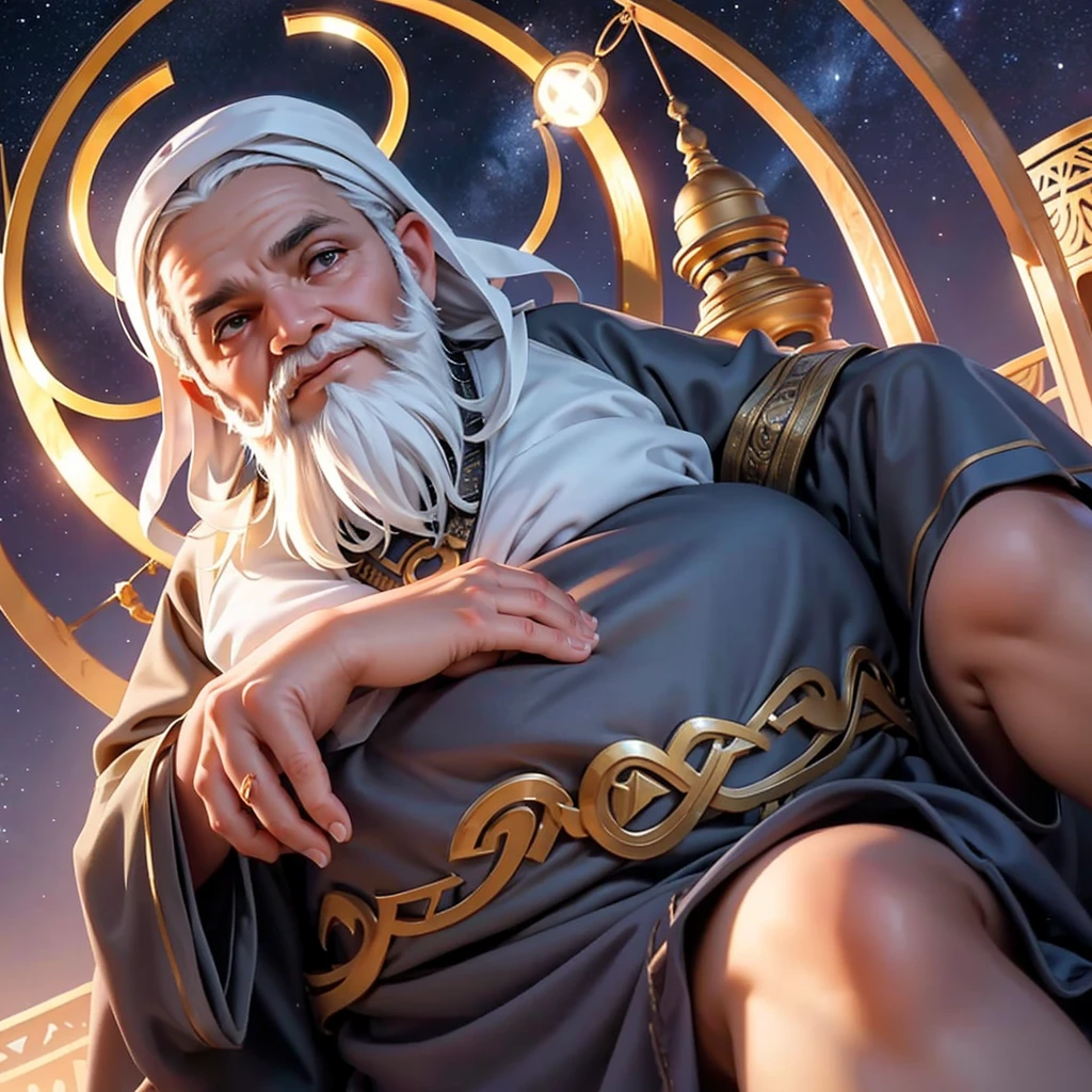 A wise old man in Arab clothes, long beard, a halo of cosmic energy over your head, sitting in a meditation position, looking directly at camera