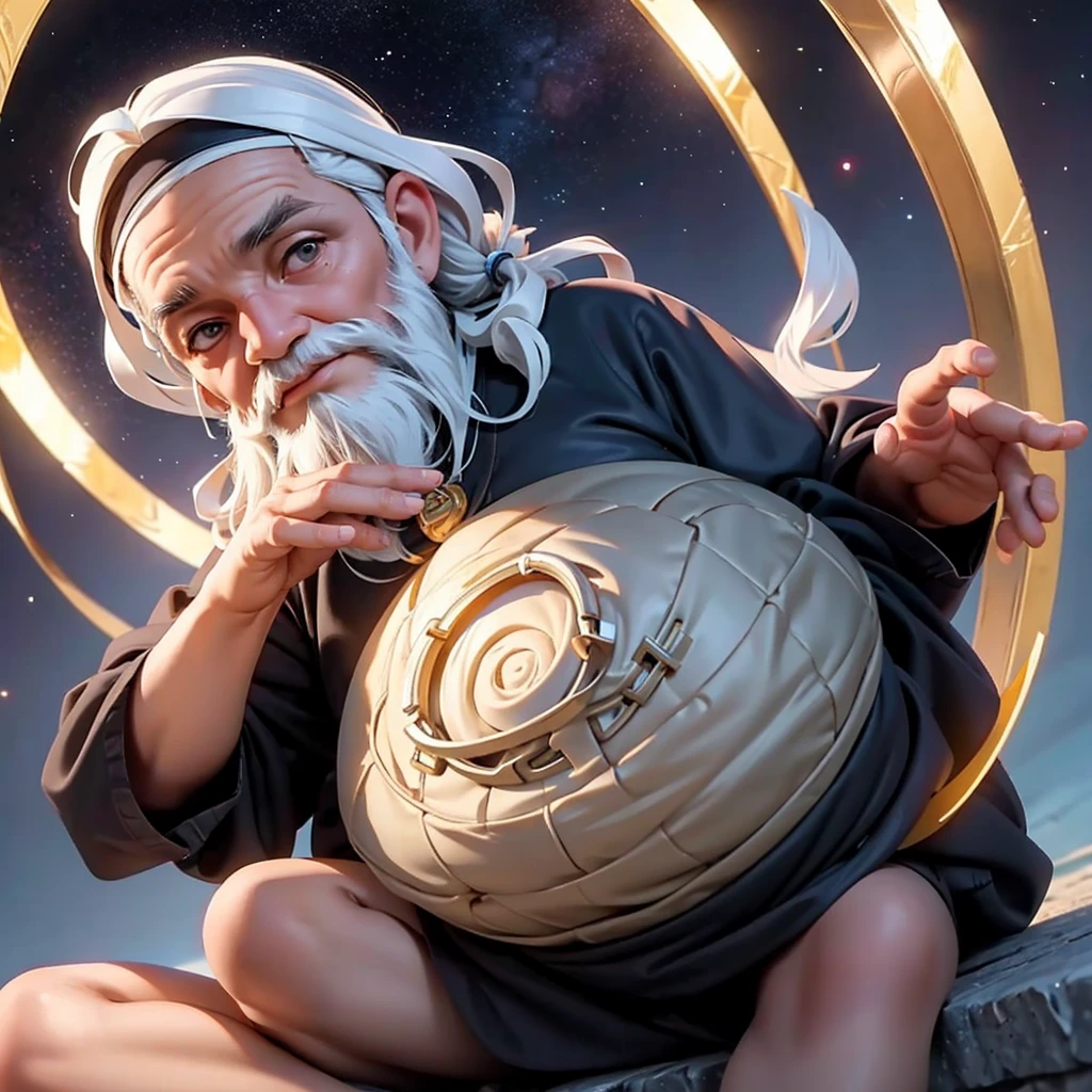 A wise old man in Arab clothes, long beard, a halo of cosmic energy over your head, sitting in a meditation position, looking directly at camera