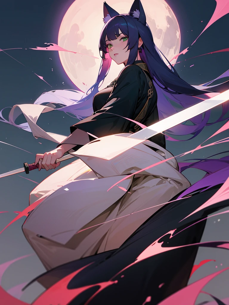 Masterpiece, Best, Night, Full Moon, 1 Female, Mature Woman, Chinese Style, Ancient China, Elder Sister, Royal Sister, Cold Face, Expressionless, purple Long Haired Woman, Light Pink Lips, Calm, Intellectual, Three Bangs, Gray Hitomi, Assassin, Long Sword, Swordsman, Fighting, Street View, Facial Details, green eyes, cat ears, high image quality
