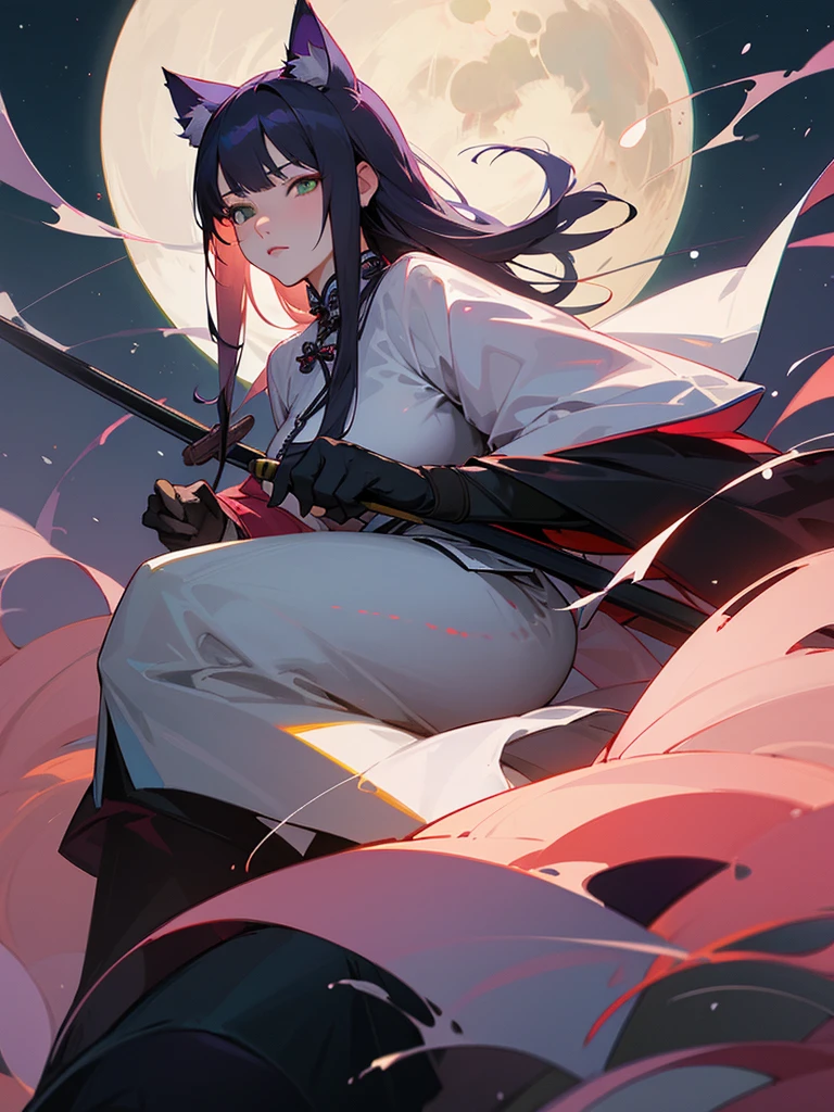 Masterpiece, Best, Night, Full Moon, 1 Female, Mature Woman, Chinese Style, Ancient China, Elder Sister, Royal Sister, Cold Face, Expressionless, purple Long Haired Woman, Light Pink Lips, Calm, Intellectual, Three Bangs, Gray Hitomi, Assassin, Long Sword, Swordsman, Fighting, Street View, Facial Details, green eyes, cat ears, high image quality 