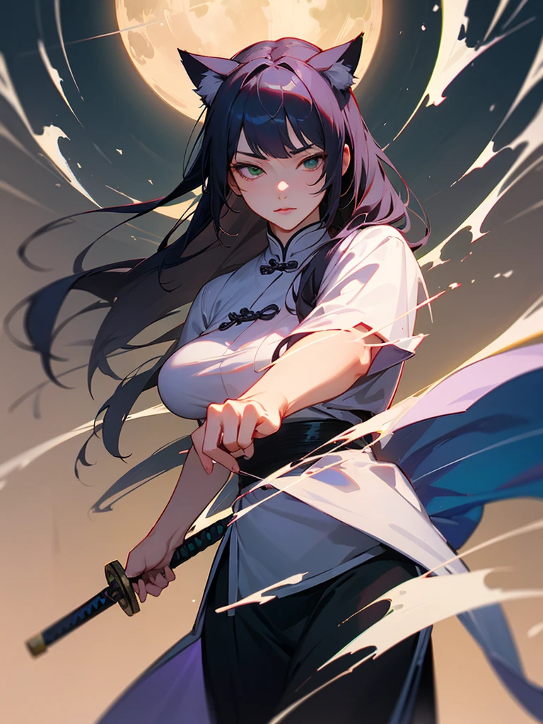 Masterpiece, Best, Night, Full Moon, 1 Female, Mature Woman, Chinese Style, Ancient China, Elder Sister, Royal Sister, Cold Face, Expressionless, purple Long Haired Woman, Light Pink Lips, Calm, Intellectual, Three Bangs, Gray Hitomi, Assassin, Long Sword, Swordsman, Fighting, Street View, Facial Details, green eyes, cat ears, high image quality