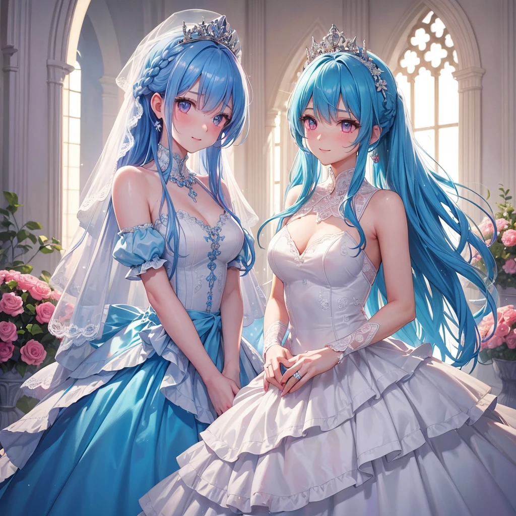 Sky blue hair, (Braided Ponytail),(Pink Eyes),Fair skin ,(whole body),(One girl),bride,A big smile,Straight bangs, 6月のbride,Wedding dress,(masterpiece, Highest quality, Very detailed, Best Shadow), (Detailed Background), (Beautifully detailed face), High Contrast, (Best lighting, Very delicate and beautiful), ((Cinematic Light)), colorful, Hyper Detail, Dramatic Light, Intricate details,Chapel background,Bouquet of roses,Ring on left ring finger,