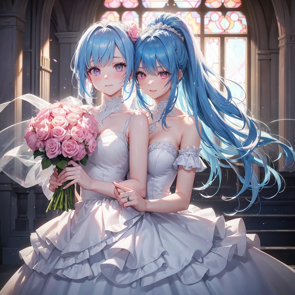 Sky blue hair, (Braided Ponytail),(Pink Eyes),Fair skin ,(whole body),(One girl),bride,A big smile,Straight bangs, 6月のbride,Wedding dress,(masterpiece, Highest quality, Very detailed, Best Shadow), (Detailed Background), (Beautifully detailed face), High Contrast, (Best lighting, Very delicate and beautiful), ((Cinematic Light)), colorful, Hyper Detail, Dramatic Light, Intricate details,Chapel background,Bouquet of roses,Ring on left ring finger,