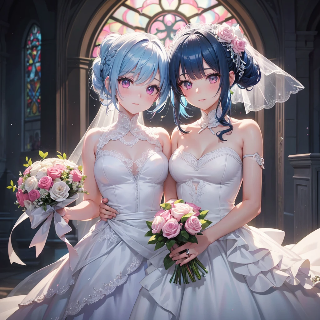 Sky blue hair, (Braided Ponytail),(Pink Eyes),Fair skin ,(whole body),(One girl),bride,A big smile,Straight bangs, 6月のbride,Wedding dress,(masterpiece, Highest quality, Very detailed, Best Shadow), (Detailed Background), (Beautifully detailed face), High Contrast, (Best lighting, Very delicate and beautiful), ((Cinematic Light)), colorful, Hyper Detail, Dramatic Light, Intricate details,Chapel background,Bouquet of roses,Ring on left ring finger,