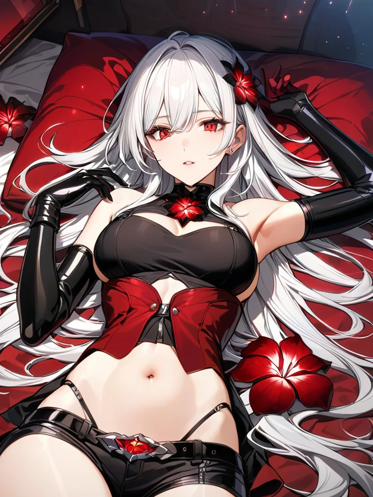 (masterpiece, top quality, best quality, official art, beautiful and aesthetic:1.2),(8k, best quality, masterpiece:1.2), (((masterpiece))),(((best quality))),(((extremely detailed))),illustration,who, (masterpiece, top quality, best quality, official art, beautiful and aesthetic:1.2),(8k, best quality, masterpiece:1.2), detailed, (masterpiece:1.2), (pale_skin:1.2), (solo:1.2), (female), slender, (glowing_eyes), red_eyes, shorts, long_hair, gloves, flower, navel, white_hair, armpits, black_gloves, short_shorts, tattoo, black_shorts, red clock, parted_lips, lying, single_glove, on_back, eyes_visible_through_hair, stomach, red_flower, bangs, belt, arm_up, midriff, asymmetrical_gloves, cowboy_shot, detached_sleeves, bare_shoulders, red_gloves