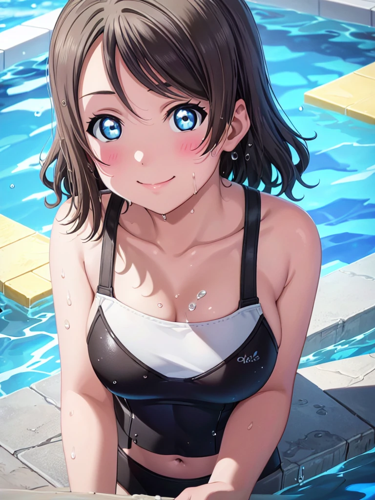 (Highest quality)),(Ultra-high resolution),(Very detailed),(Detailed Description),((The best CG)),(A masterpiece),Ultra-detailed art,Amazing painting art,(Art with precise details:1.5), Portraiture:1.6,Beautiful and well-proportioned face:1.5, (smile), Watanabe Yo, black competitive swimsuit, pool, in the pool, (wet:1.1), (water drops:1.1), (close up:1.3), (upper body:1.2), leaning forward, looking up, from above