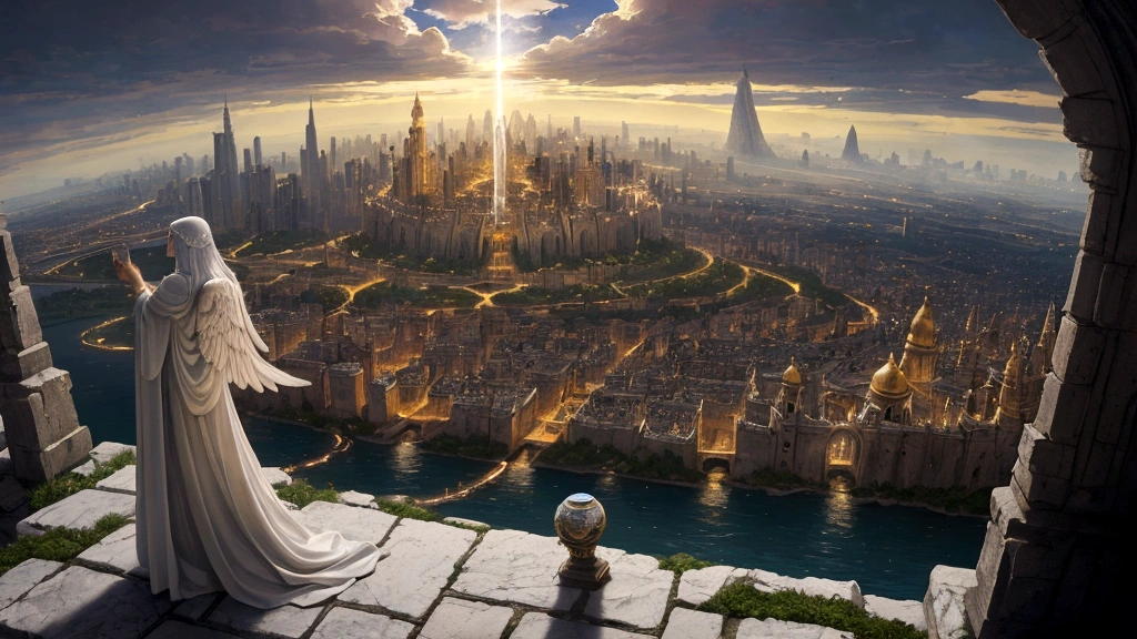 "A celestial panorama where the New Jerusalem descends in a cascade of light and glory, its walls of jasper towering over a landscape adorned with precious stones. The city's gates, each a luminescent pearl, reflect the brilliance of the eternal dawn. A river of crystal-clear water flows from the throne of God, nourishing the city's gardens and filling the air with a sense of peace and renewal. Angelic beings and redeemed souls marvel at the city's splendor, basking in the divine presence where suffering and death have no place."