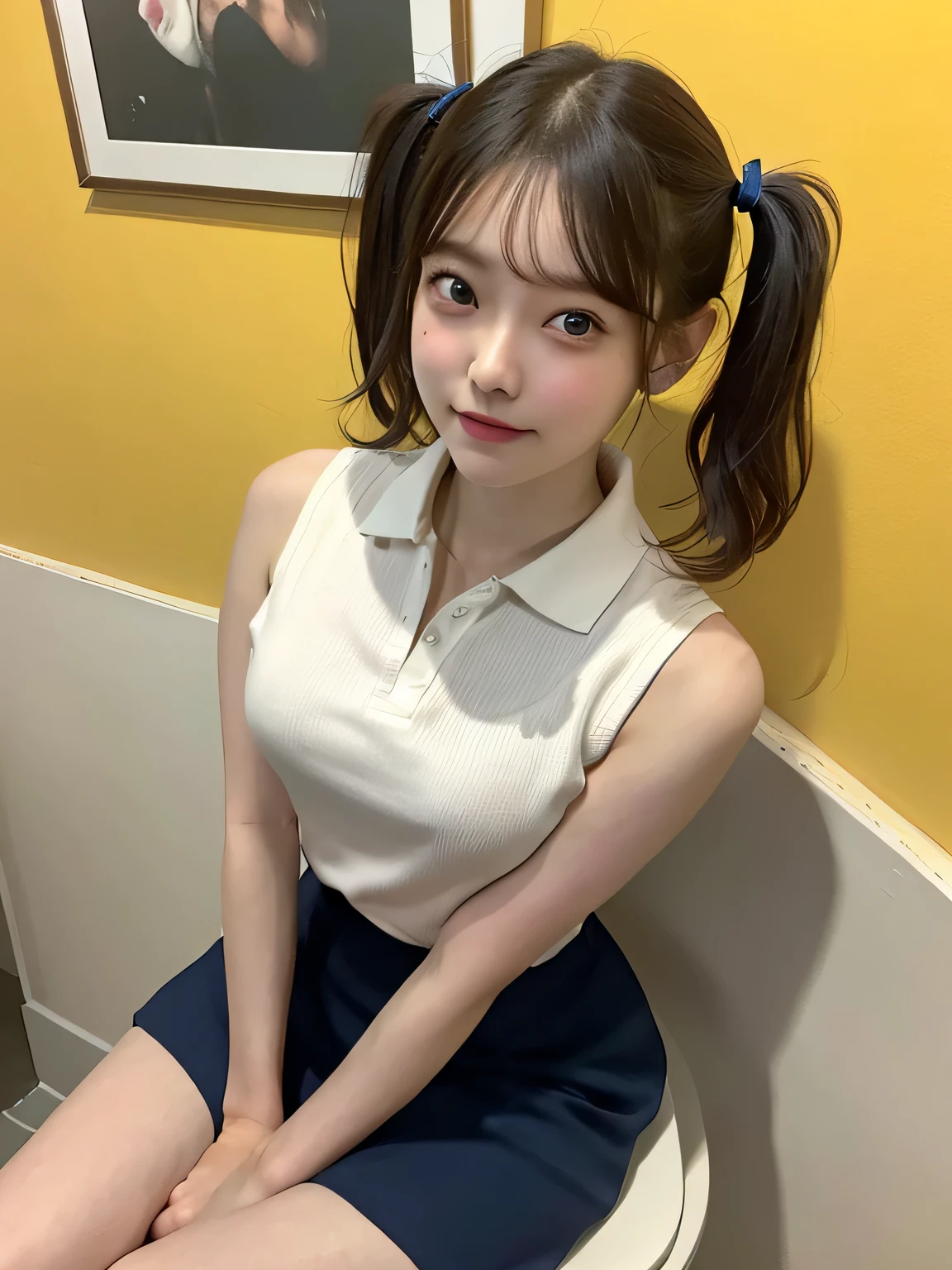 One person、、Full body photo,slender、woman、White drool coming out of the mouth、smile、、Short Twin Tails、 Fair skin, messy hair, super cute、Soft and Face、8K resolution、Surreal、Ultra high definition、 A-cup small breasts((Highest resolution、8K、masterpiece:1.3))、Ultra-fine face、Ultra Fine Lips、Beautiful Eyes、double eyelid,Yellow wall、A sleeveless, collared blue polo shirt、White Skirt、Thighs、thin,Thighsが見える、Shapely small breasts、sexy、So cute!,Sitting in a chair、Thighsが見える、