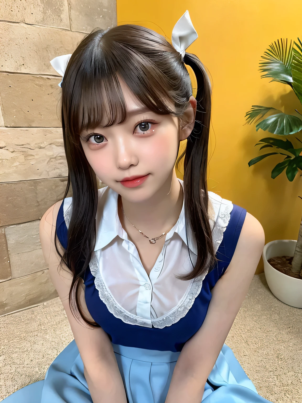 One person、11 years old、Full body photo,slender、woman、White drool coming out of the mouth、smile、、Short Twin Tails、 Fair skin, messy hair, super cute、Soft and Face、8K resolution、Surreal、Ultra high definition、 A-cup small breasts((Highest resolution、8K、masterpiece:1.3))、Ultra-fine face、Ultra Fine Lips、Beautiful Eyes、double eyelid,Yellow wall、A sleeveless, collared blue polo shirt、White Skirt、Thighs、thin,Thighsが見える、Shapely small breasts、sexy、So cute!,Sitting in a chair、Thighsが見える、