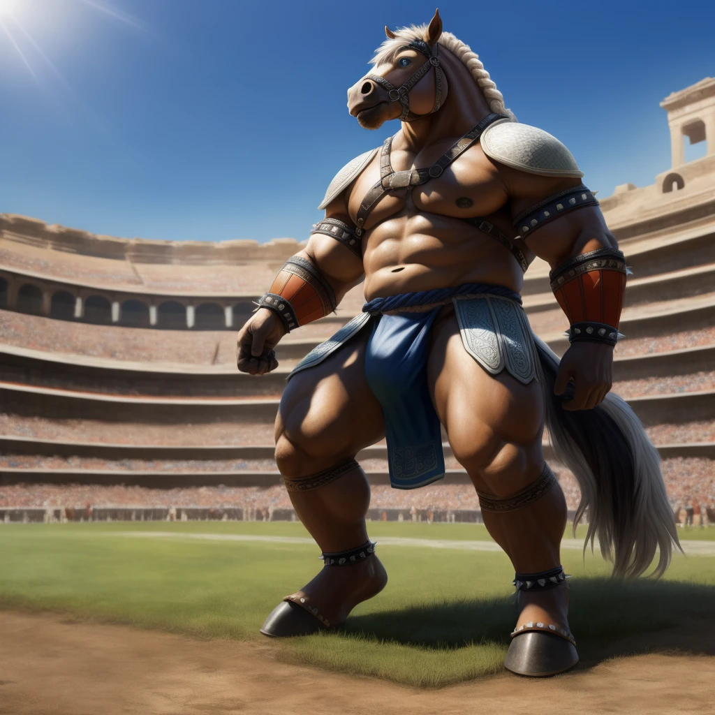 Furry, Kemono, Antropomorphic, Horse, solo, (Color White), Furry Antropometric legs, Two legs, Biped, Hooves, Antro body, Bigg Ass, Male Bulge, masculine, Full body, Braided Mane, Roman gladiator armor, Gladiator, Black leather harness, Spiked Anklet, White fitted fundoshi, Roman arena with public in the stands, Blue Sky Background with Green Grass Meadow, Blue Pupil Eyes, High Resolution, 4K Detailed, Good Lighting, Beautiful, Photorealistic, Realistic, White Fundoshi, japanese Fundoshi, tale, tale horse