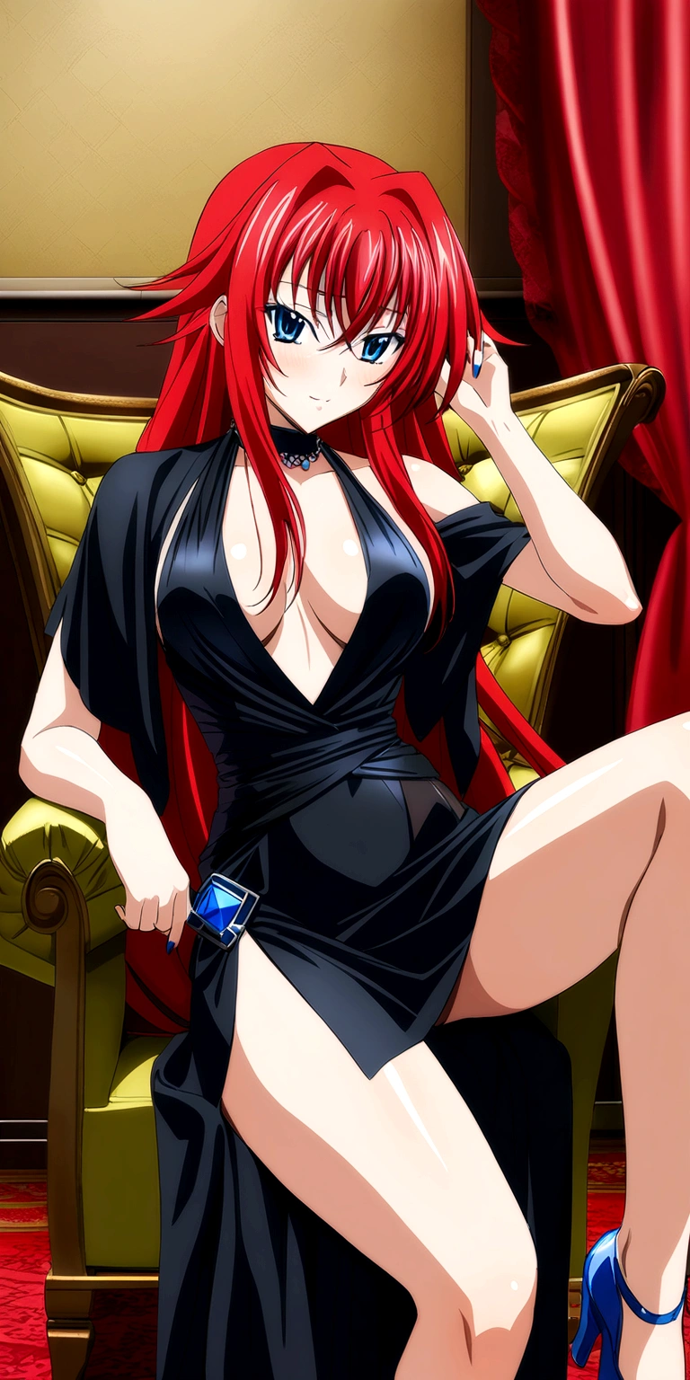 Rias Gremory from anime DxD with blue eyes is sitting on armchair