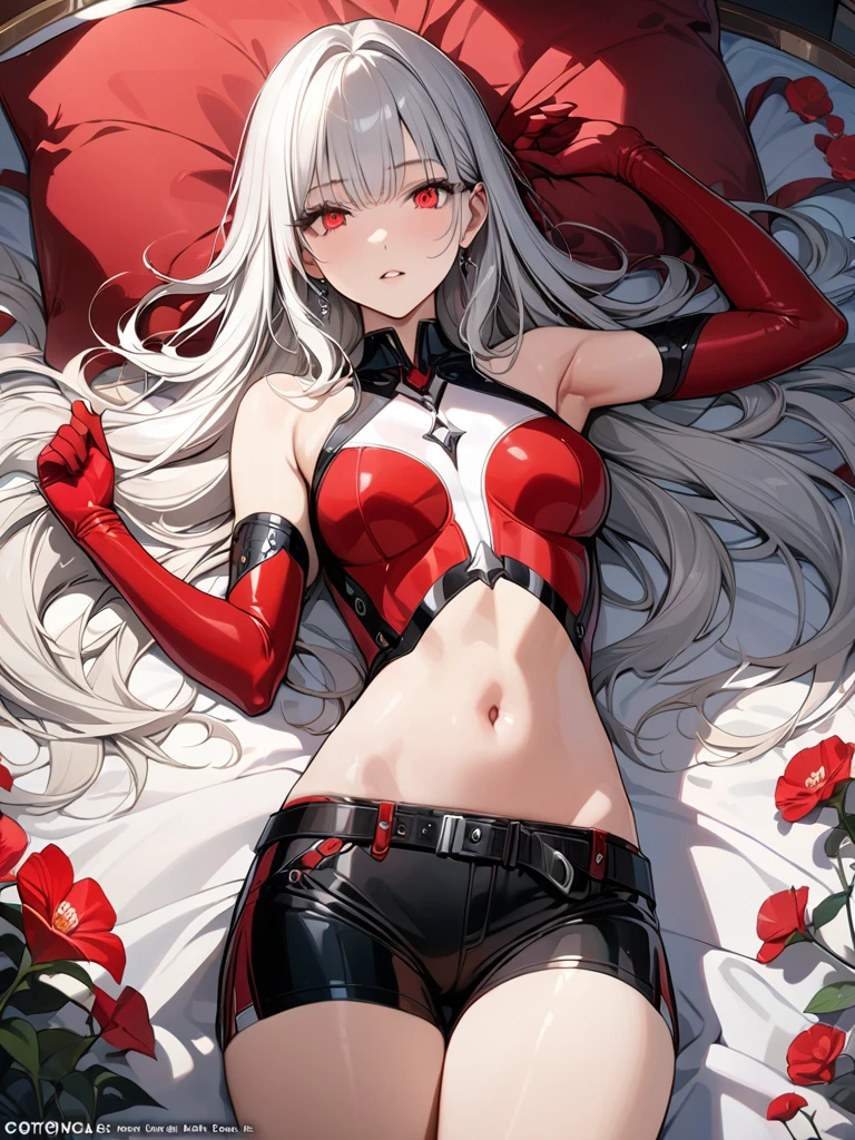 (masterpiece, top quality, best quality, official art, beautiful and aesthetic:1.2),(8k, best quality, masterpiece:1.2), (((masterpiece))),(((best quality))),(((extremely detailed))),illustration,who, (masterpiece, top quality, best quality, official art, beautiful and aesthetic:1.2),(8k, best quality, masterpiece:1.2), detailed, (masterpiece:1.2), (pale_skin:1.2), (solo:1.2), (female), slender, (glowing_eyes), red_eyes, shorts, long_hair, gloves, flower, navel, white_hair, armpits, black_gloves, short_shorts, tattoo, black_shorts, red clock, parted_lips, lying, single_glove, on_back, eyes_visible_through_hair, stomach, red_flower, bangs, belt, arm_up, midriff, asymmetrical_gloves, cowboy_shot, detached_sleeves, bare_shoulders, red_gloves