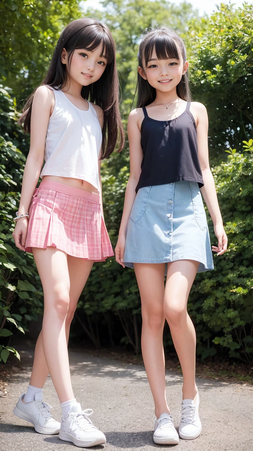 Very cute twin girls(2 people)is having a pleasant walk in the park、Tank top、camisole、one piece、mini skirt、Long Hair、Slim body、Beautiful legs、Beautiful body、high resolution、8K、(smile)