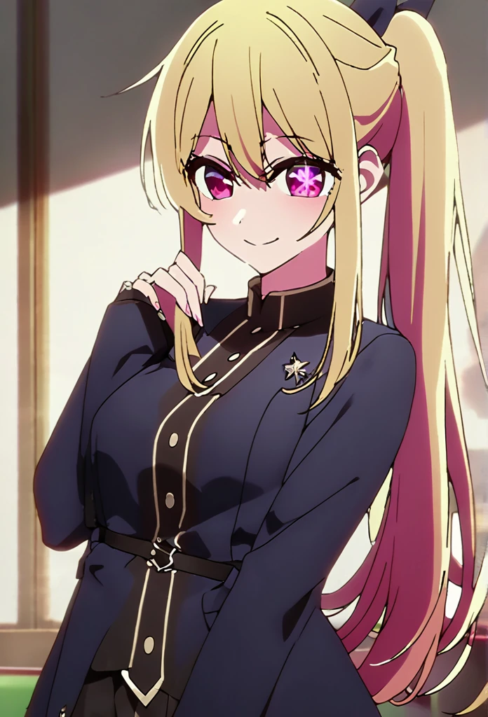 Blonde、Highest quality、high resolution、8K,Highest quality、Star-shaped pupil、The best smile、long hair、Pink Eyes、ponytail、Cowboy Shot、One person、シースルードレス