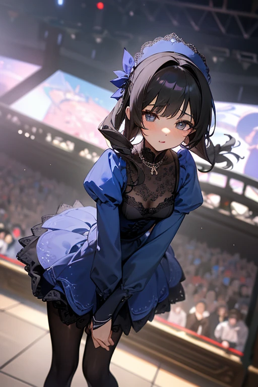 (最高masterpiece、masterpiece、Highest quality).Blue Lace Top、Black tight skirt、elegant、sexy、necklace、Black Stockings、Beautiful woman、cute、Excellent、Small breasts、sharp、Looking up、up、View your viewers、Ina Bauer、stage、