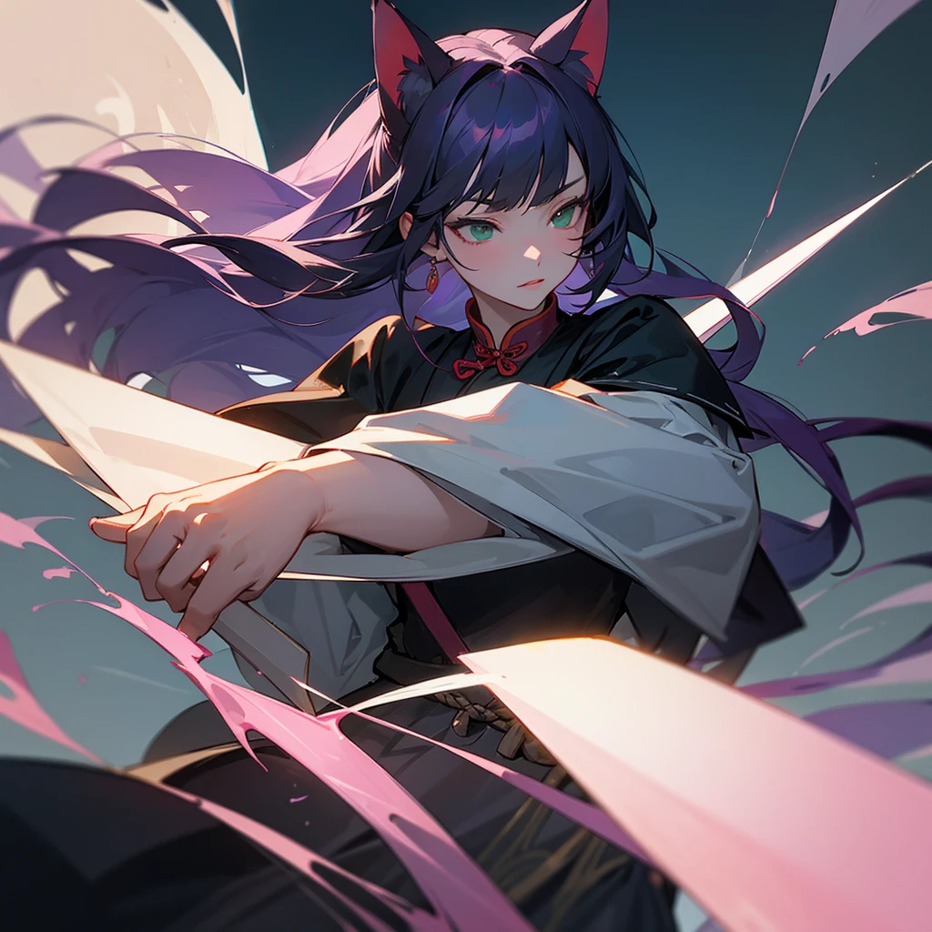 Masterpiece, Best, Night, Full Moon, 1 Female, Mature Woman, Chinese Style, Ancient China, Elder Sister, Royal Sister, Cold Face, Expressionless, purple Long Haired Woman, Light Pink Lips, Calm, Intellectual, Three Bangs, Gray Hitomi, Assassin, Long Sword, Swordsman, Fighting, Street View, Facial Details, green eyes, cat ears, high image quality