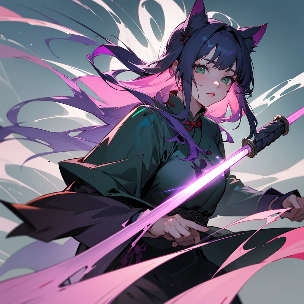 Masterpiece, Best, Night, Full Moon, 1 Female, Mature Woman, Chinese Style, Ancient China, Elder Sister, Royal Sister, Cold Face, Expressionless, purple Long Haired Woman, Light Pink Lips, Calm, Intellectual, Three Bangs, Gray Hitomi, Assassin, Long Sword, Swordsman, Fighting, Street View, Facial Details, green eyes, cat ears, high image quality