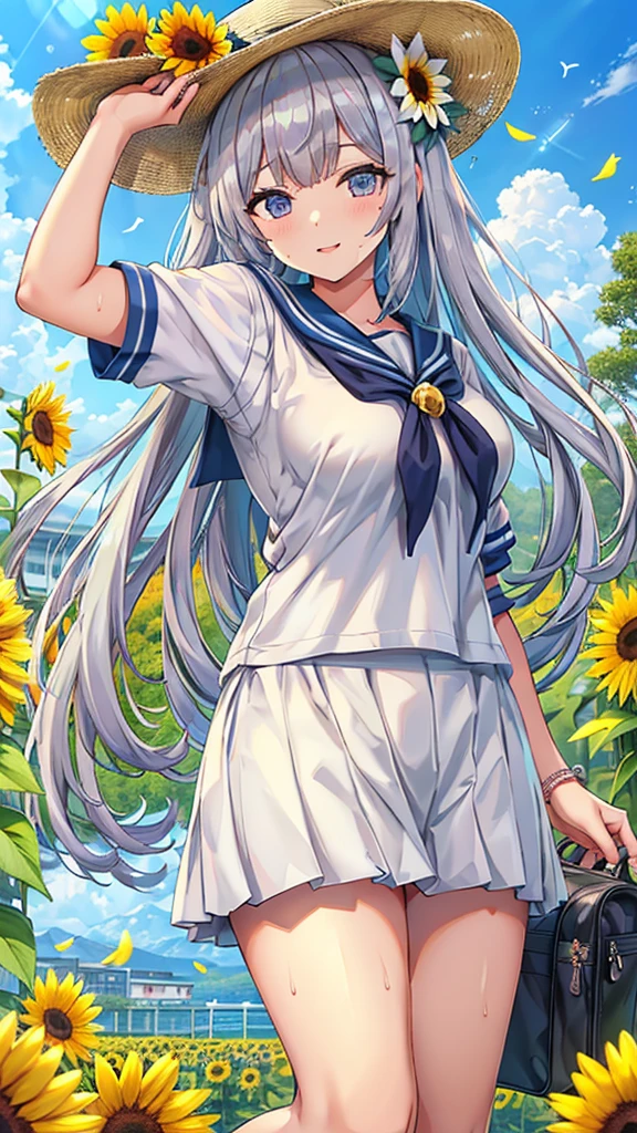 Masterpiece、Highest quality、Super detailed、Fluffy and soft long hair、Gray Hair、Eyes as pretty as flowers、Big Tits、Too big breasts、Sailor suit、summer、Sunflower field、hot、Sweat、smile、School Bags、blue sky、cumulonimbus、Light of the sun