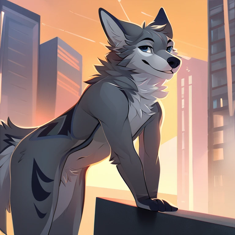 Solo, male, furry art, fursona, ((canine)), (((grey primary fur))), white secondary, (perky ears), cool pose, city background, amazing art, masterfully executed, beautiful background, normal body, paws.