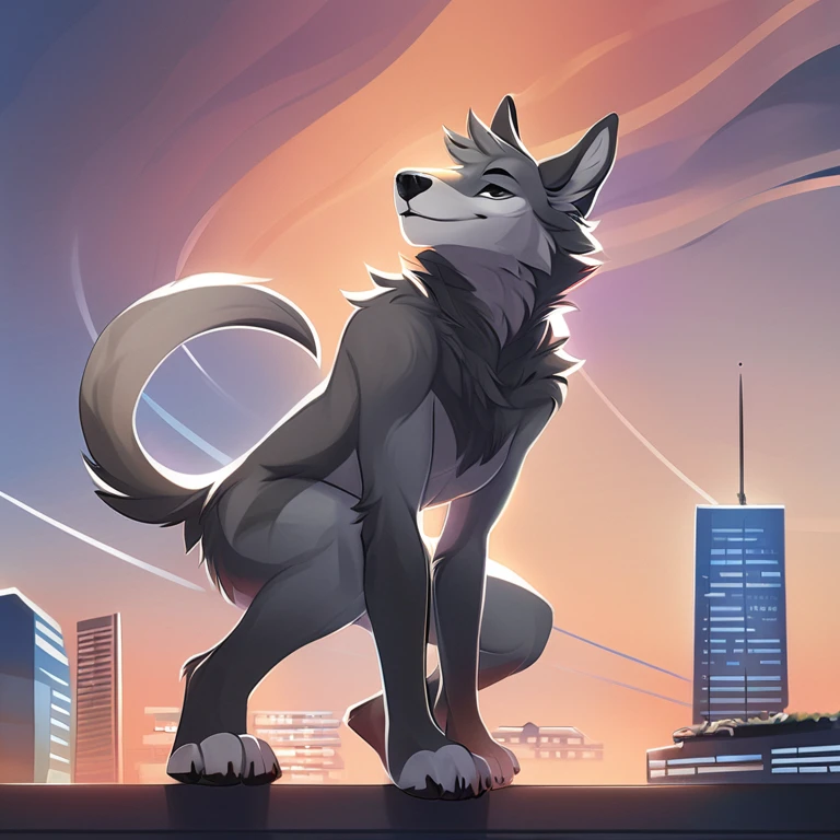 Solo, male, furry art, fursona, ((canine)), (((grey primary fur))), white secondary, (perky ears), cool pose, city background, amazing art, masterfully executed, beautiful background, normal body, paws.