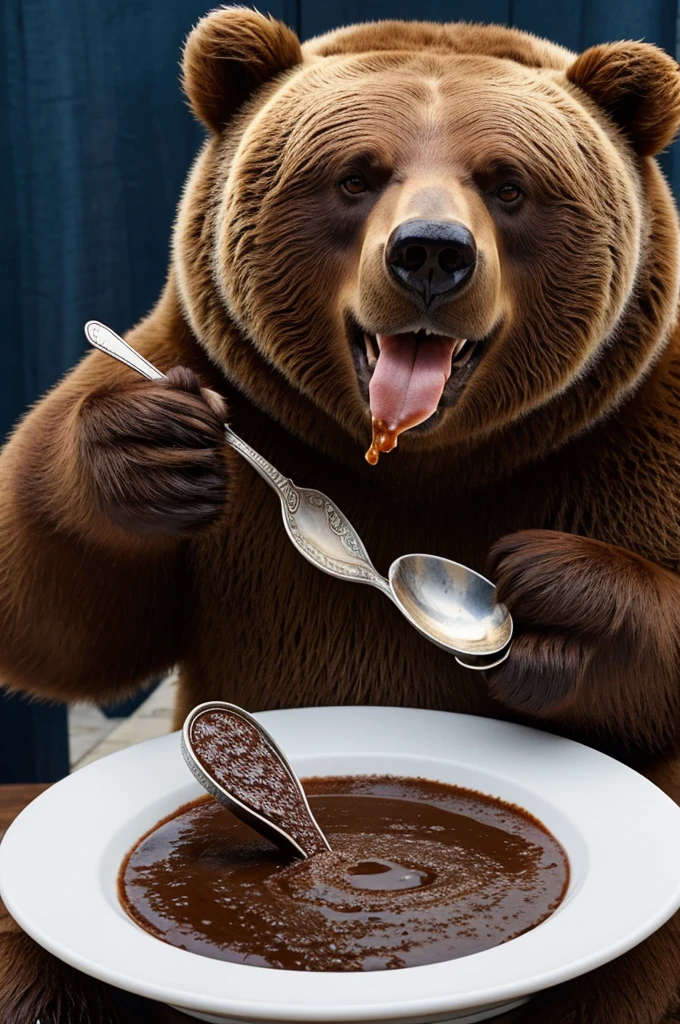 Please show me a picture of a bear with a medal. The bear is holding a spoon and he is opening his mouth. Champorado is dripping from the spoon. The spoon is facing the bear. 