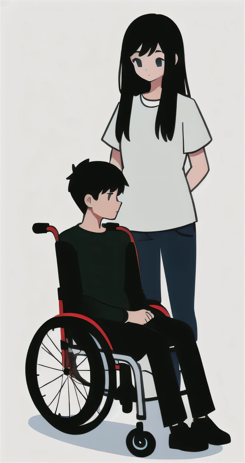 simple illustration of girl helping a man in wheelchair, white background ; simple ilustration ; 4k