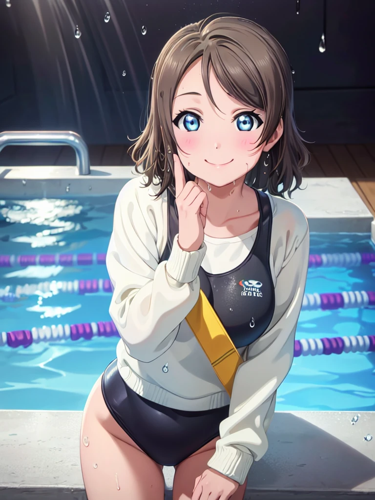 (Highest quality)),(Ultra-high resolution),(Very detailed),(Detailed Description),((The best CG)),(A masterpiece),Ultra-detailed art,Amazing painting art,(Art with precise details:1.5), Portraiture:1.6,Beautiful and well-proportioned face:1.5, (smile), Watanabe Yo, black competitive swimsuit, pool, in the pool, (wet:1.1), (water drops:1.1), (close up:1.3), (upper body:1.2), leaning forward, looking up, from above