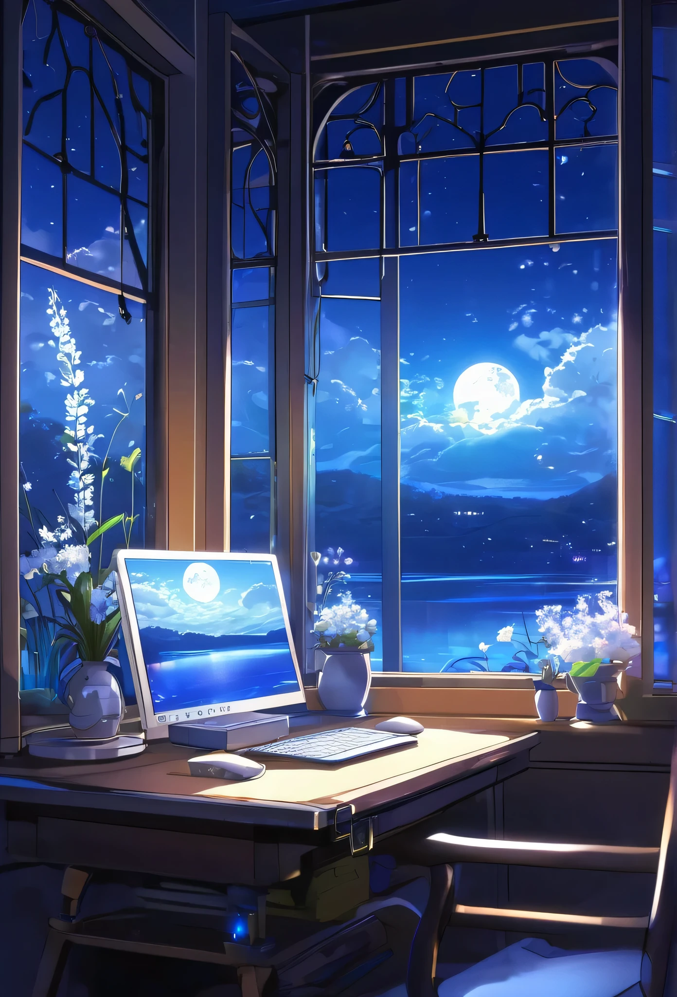 A tranquil scene unfolds in a magical laboratory setting.: a laptop with a bright screen rests on a desk next to a large window, showing a serene moonlit landscape. Blue neons softly illuminate white flowers next to a tablet and PC monitor. A vocal microphone and headphones hint at the creativity buzzing in the air. This anime inspired digital painting., winning a pixiv contest, exudes a welcoming, Lovely atmosphere, captivating viewers with its blend of mystical realism and fairytale charm..
