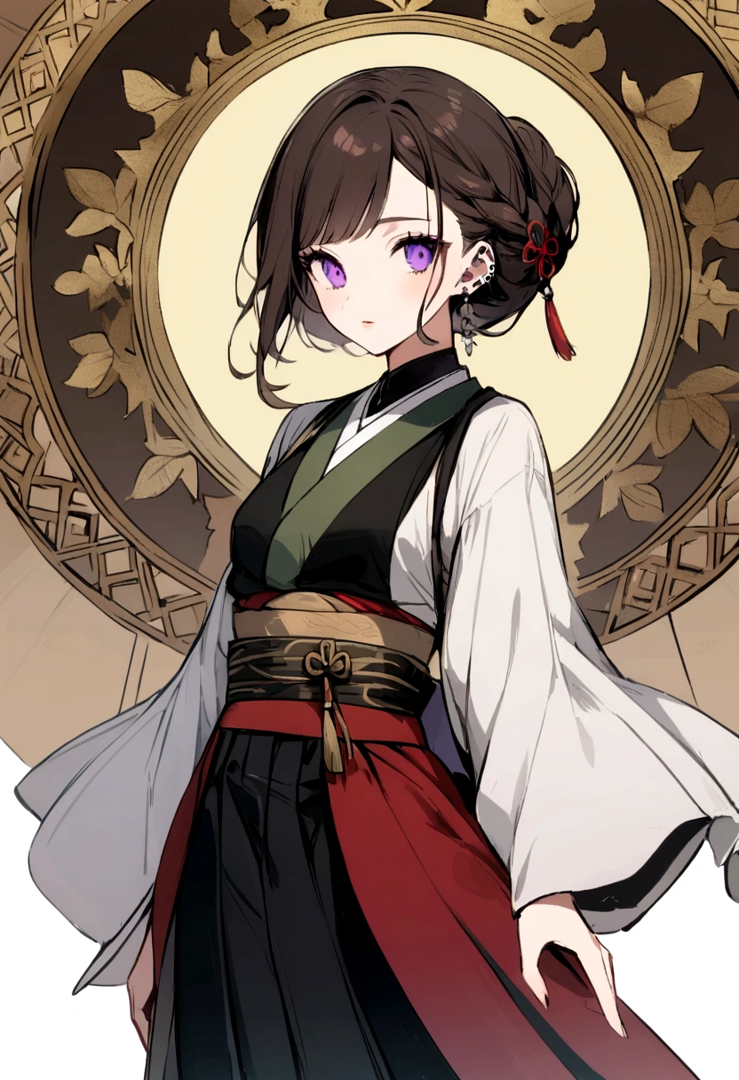 - Graceful and elegant with a striking presence.
- Long, wavy dark brown hair (put it down with a little braid) and piercing purple eyes.
- Often depicted in a blend of traditional Japanese and modern attire, reflecting her unique heritage and style.
- Radiates confidence and intelligence through her posture and expressions.