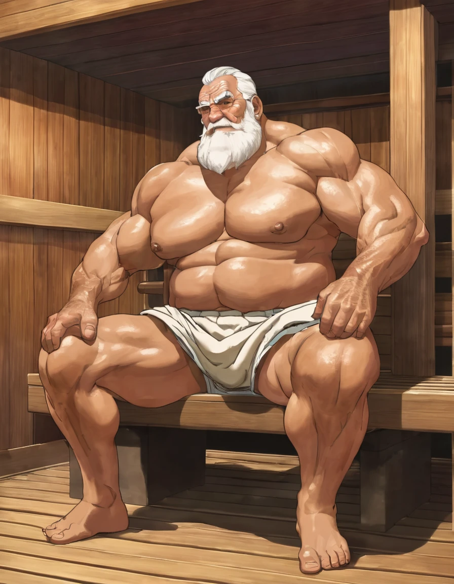 Full body shot of old giant sitting in sauna。Just as big，Too much muscle。The bronzed old man in shorts is particularly burly。powerful, Hard as iron, well-developed, Full of power, There&#39;s a lot of meat, and black skin。The whole body becomes stronger and stronger in the sauna。Huge breasts，Swelling of the body。Naked black people