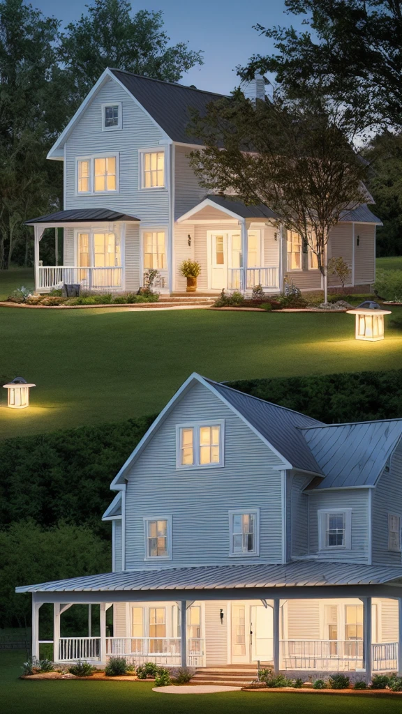 Create an image of a farmhouse sitting on the porch of your farmhouse with a detail of an illuminated access lamp