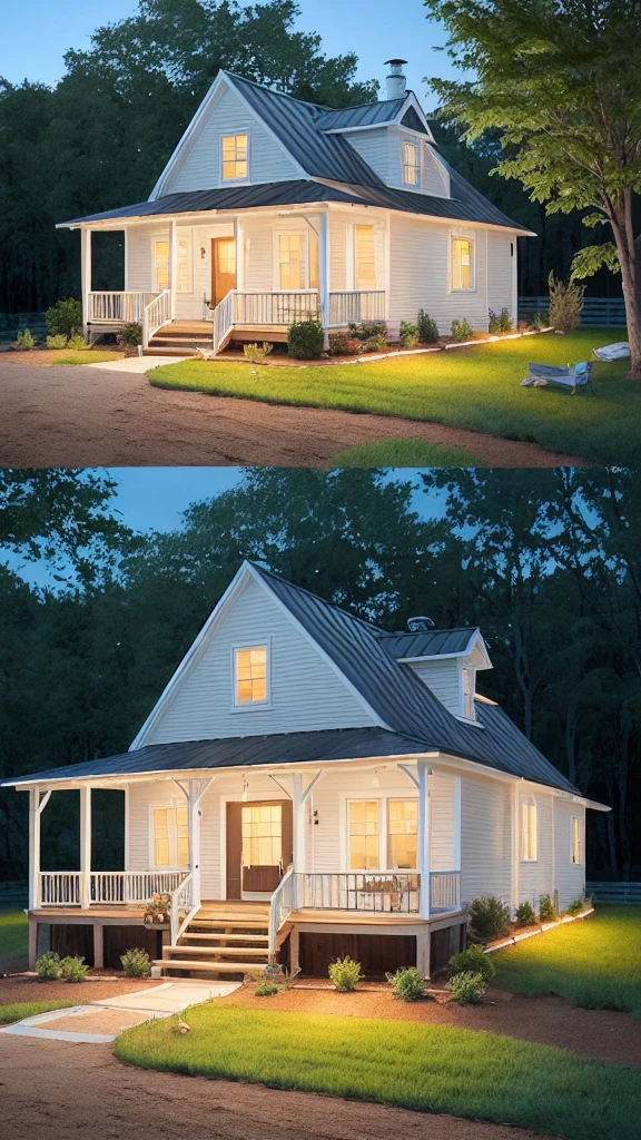 Create an image of a farmhouse sitting on the porch of your farmhouse with a detail of an illuminated access lamp