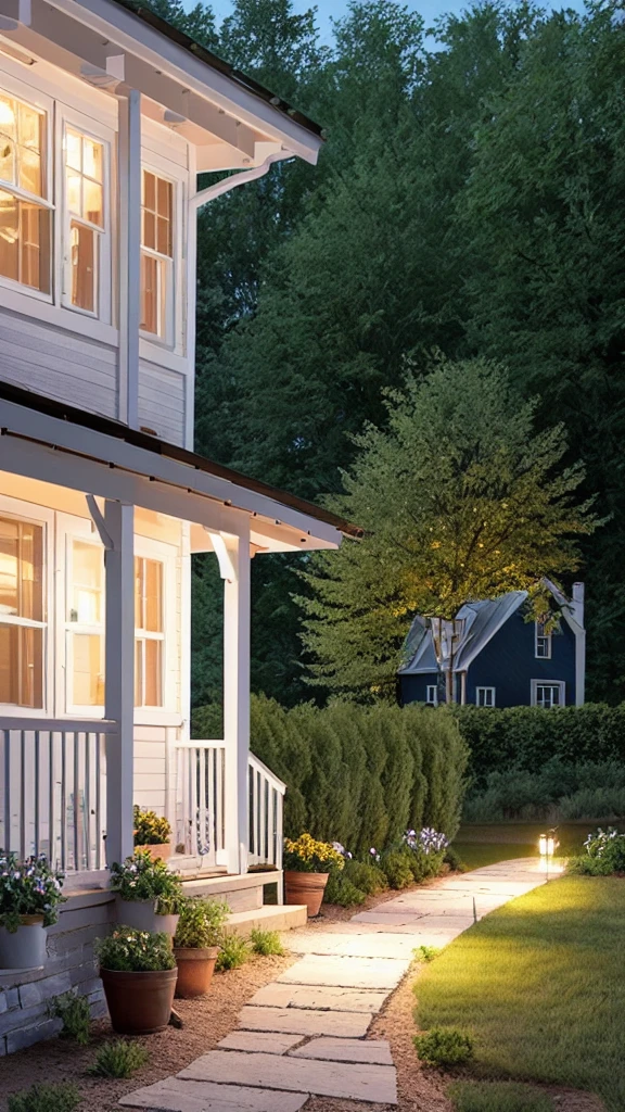 Create an image of a farmhouse sitting on the porch of your farmhouse with a detail of an illuminated access lamp