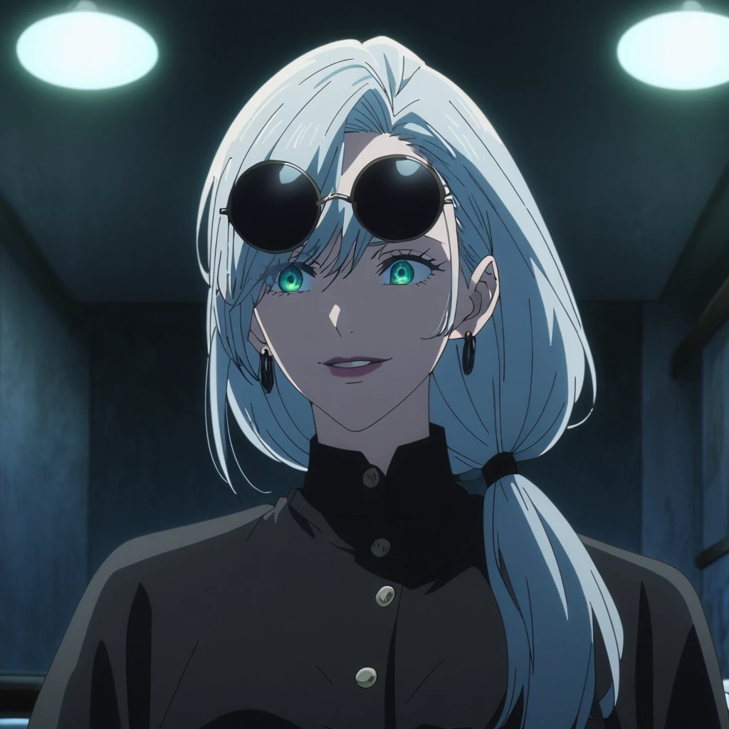 1girl, female gojo satoru, anime screencap from jujutsu kaisen, gojo satoru female version, solo, long_hair, ((Blue universal eyes)) ((Silver_hair)), night view, (hanging breasts) upper_body, smile, indoors, book, green_eyes, lips, (side swept bangs and low ponytail) ((wearing black colour outfit with button)) breast, "very detailed and high resolution" (Blue universal eyes) (cross arms) ((long hair)) ((solo)) (front view) (earings) ((high resolution)) ((good quality)) ((side swept bangs and low ponytail)) ((silver hair)) ((wearing round sunglasses on the head))