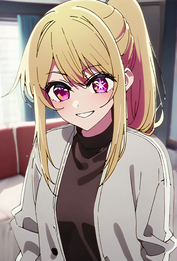Blonde、Highest quality、high resolution、8K,Highest quality、Star-shaped pupil、The best smile、long hair、Pink Eyes、ponytail、Cowboy Shot、One person、バニーガール