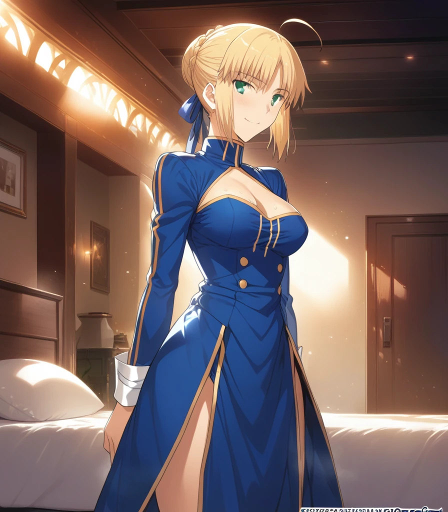 best quality, amazing quality, very aesthetic, 1girl, saber, fate/stay night, 1girl, saber, fate/stay night, , (artist official art:1.5), french braid bun hair, ahoge_hair, green eyes, steaming body, large breasts, jitome, cinematic light, official_blue_long_sleeve_royal_dress, stand_up_straight, arms_behind, on the bedroom, happy, smile, blush, night, looking_at_viewer, oily_skin, cool