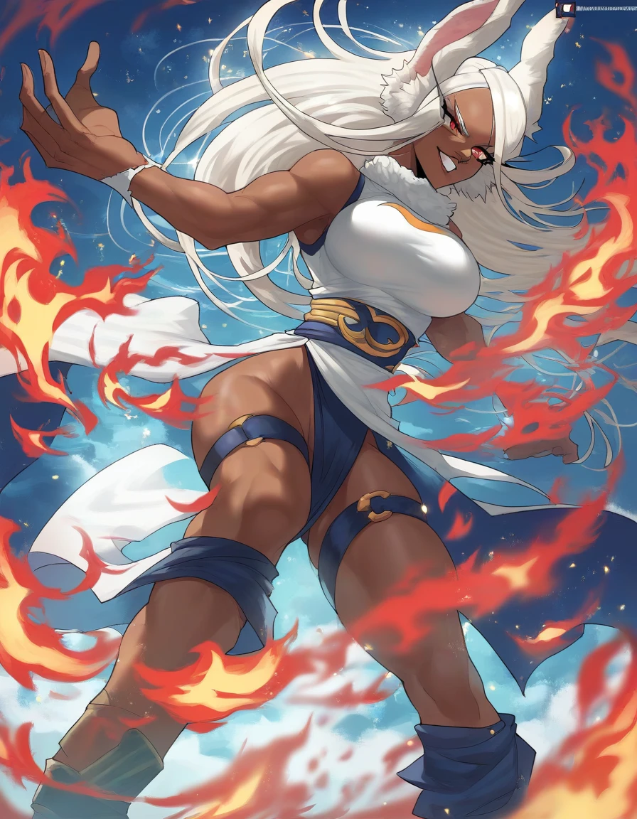 score_9, score_8_up, score_7_up, 2D, EchoSaber, 1girl, depth of field, raw, intimate shot, rumi usagiyama, dark skinned female, ((glowing particles, flames)), large perfect breasts,