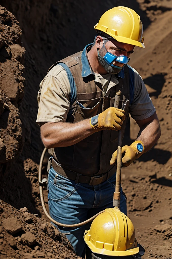 Mining worker with his personal protective equipment with right hand and thumb raised
