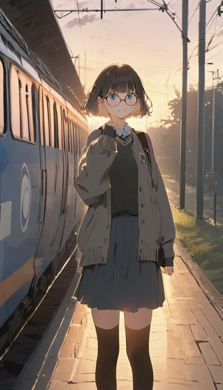 One Girl, (Sunset sky), Standing and waving, School Area, Rural Scenery, scenery, Round Glasses, School Cardigan, (Sleeves are longer than the wrist), Powerful loafers, Black ash two side up hair, Blunt bangs, Beautiful dark eyes, Black knee socks, Cinema Lighting, Upper Body, :3,Morning station, Unmanned station in the countryside, A humble station, Station platform