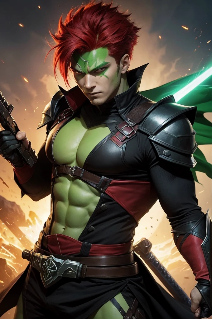A half-villain hero with green and red hair, he has mind powers, he has swords and guns, a merciless hunter, a young man