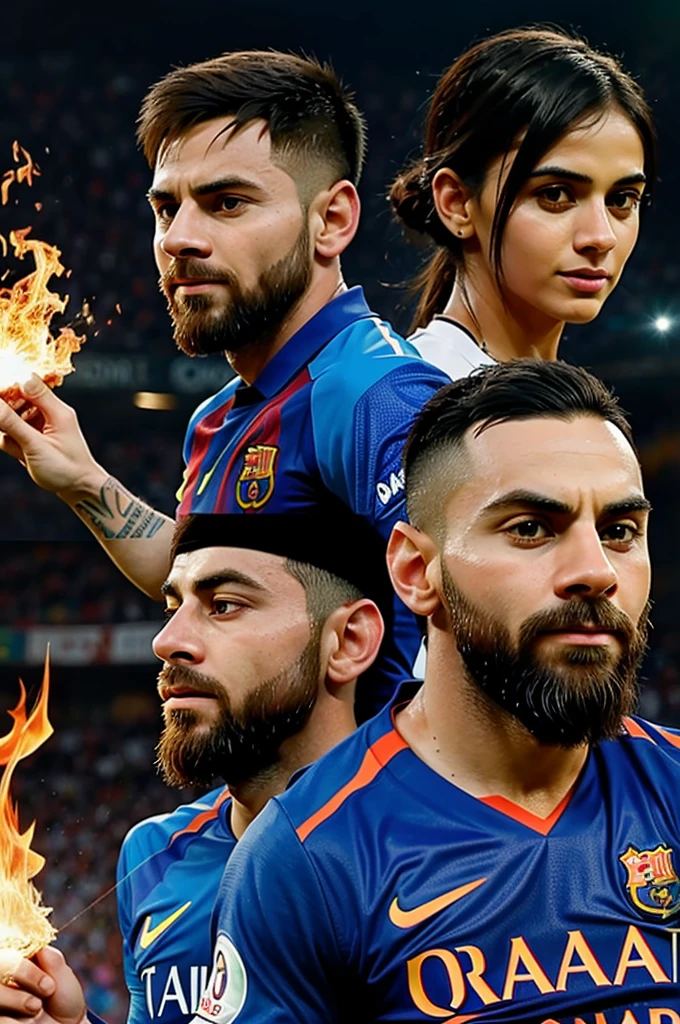 Generate an image of messi and Kohli with an effect of fire and ice 