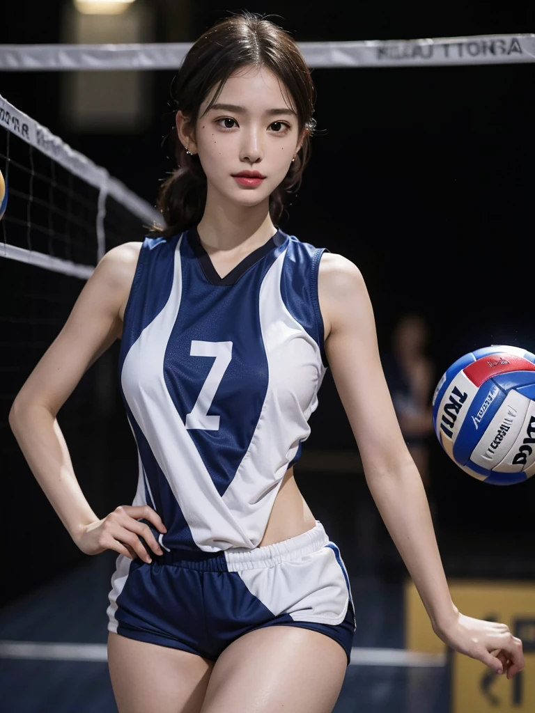 absurdres, RAW photo, extremely delicate and beautiful, masterpiece, Best Quality, ultra high resolution, 32k, hyperrealistic, ultra-detailed, perfect anatomy, super Detailed skin, perfect figure, in her 20s, very Slim body, narrow waist, very small head, very small face, delicate facial features, tearful mole, earring, thin legs, very huge round breasts, full body shot, shorter middle hair, wavy hair, (volleyball Jersey:1.2), (shorts:1.2), sleeveless,