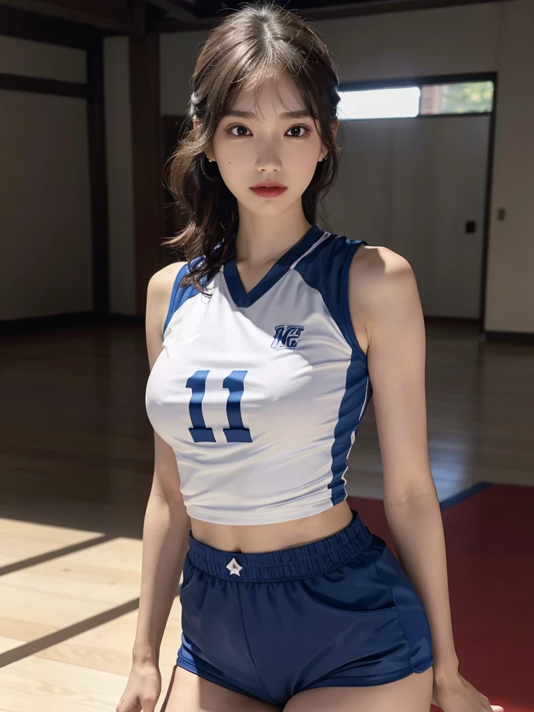 absurdres, RAW photo, extremely delicate and beautiful, masterpiece, Best Quality, ultra high resolution, 32k, hyperrealistic, ultra-detailed, perfect anatomy, super Detailed skin, perfect figure, in her 20s, very Slim body, narrow waist, very small head, very small face, delicate facial features, tearful mole, earring, thin legs, very huge round breasts, full body shot, shorter middle hair, wavy hair, (volleyball Jersey:1.2), (shorts:1.2), sleeveless,